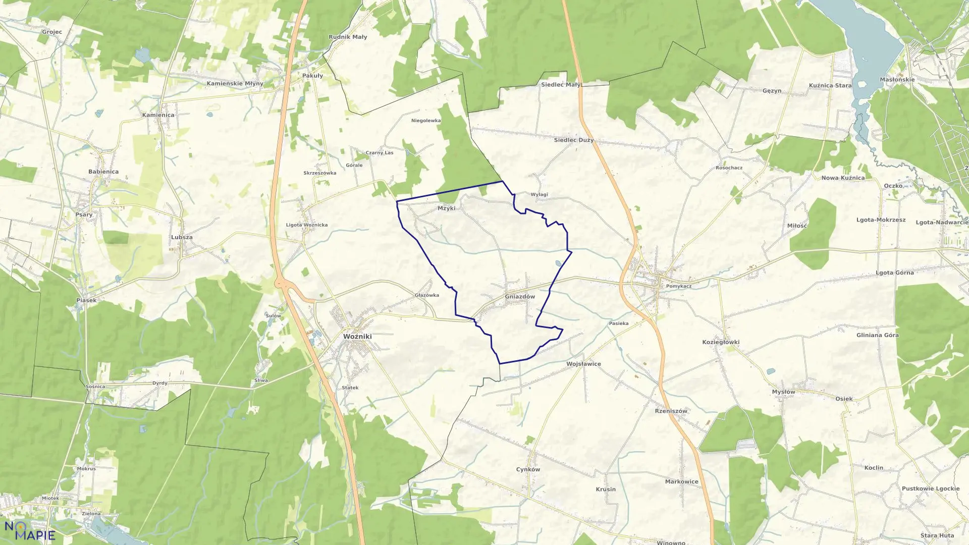 Mapa obrębu Gniazdów-Mzyki w gminie Koziegłowy