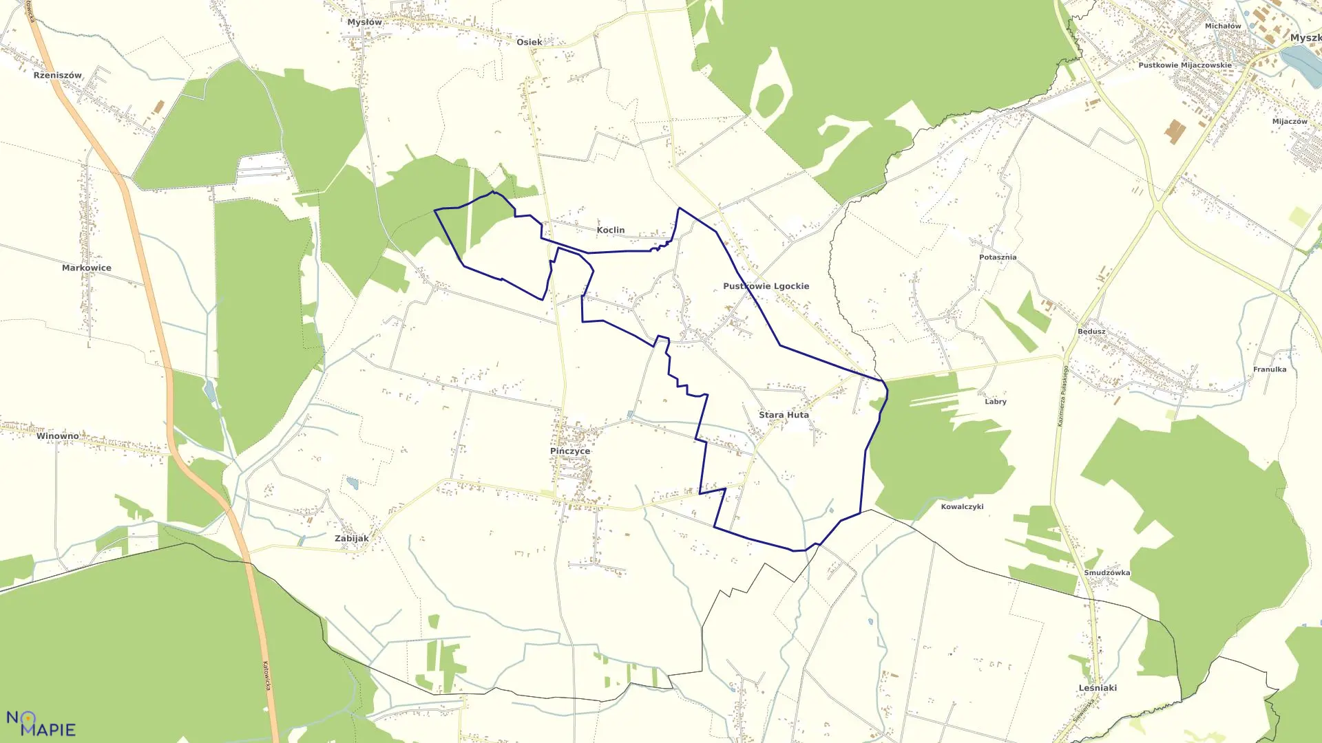 Mapa obrębu Huta Stara w gminie Koziegłowy