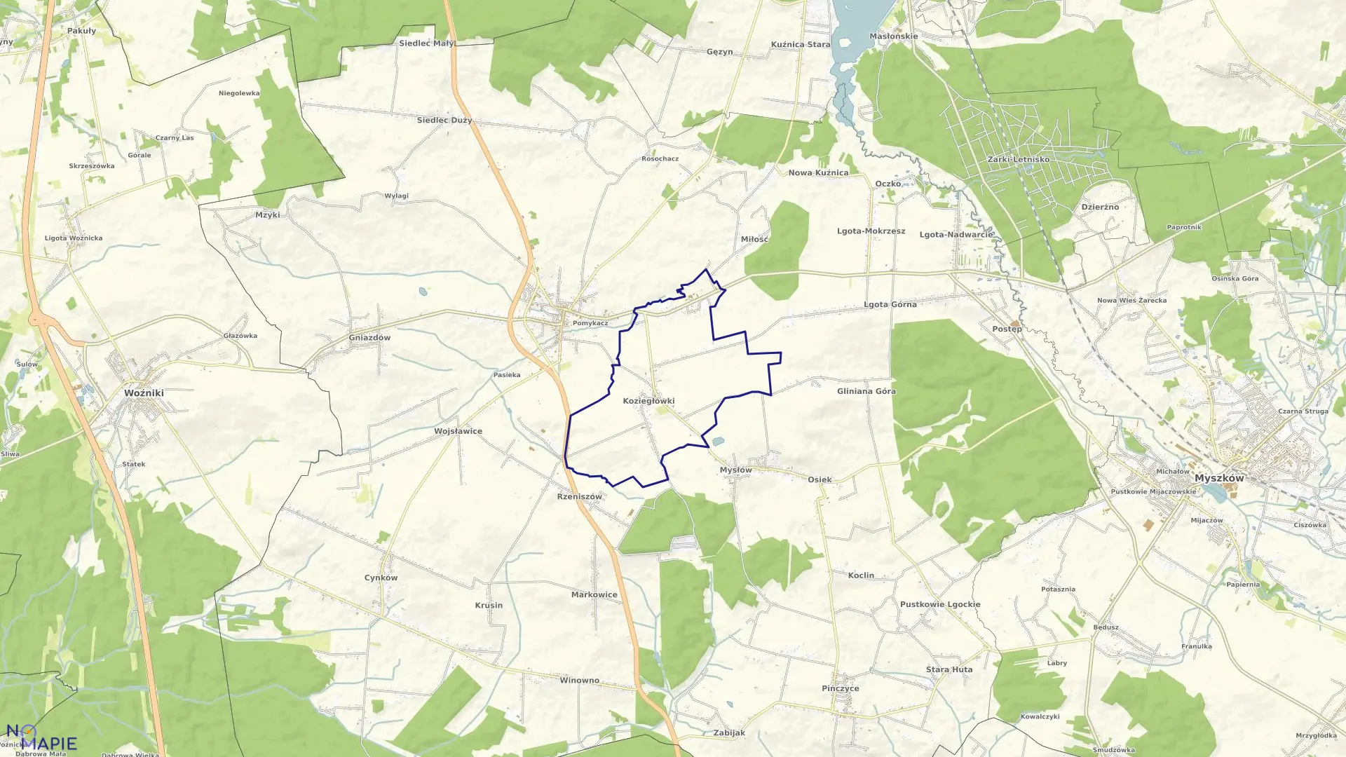 Mapa obrębu Koziegłówki w gminie Koziegłowy