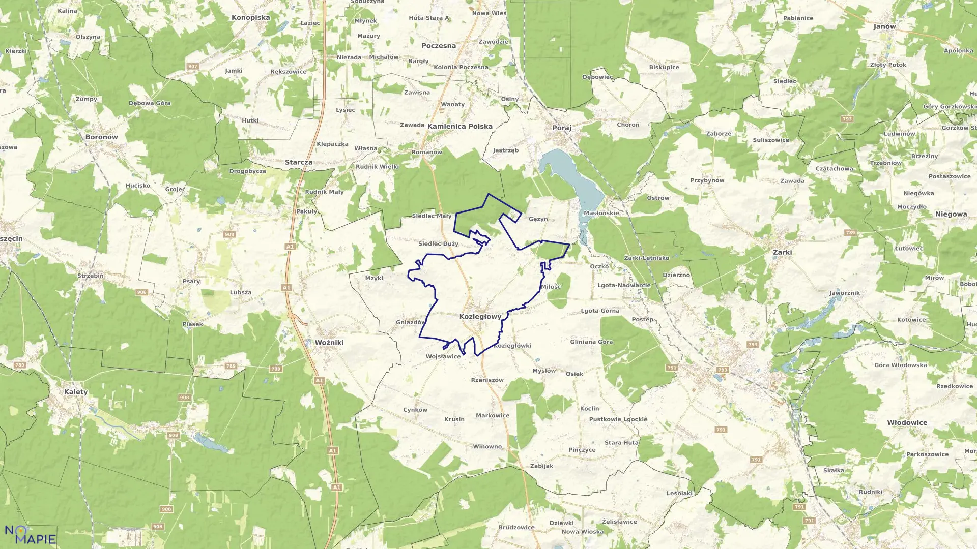 Mapa obrębu Koziegłowy w gminie Koziegłowy