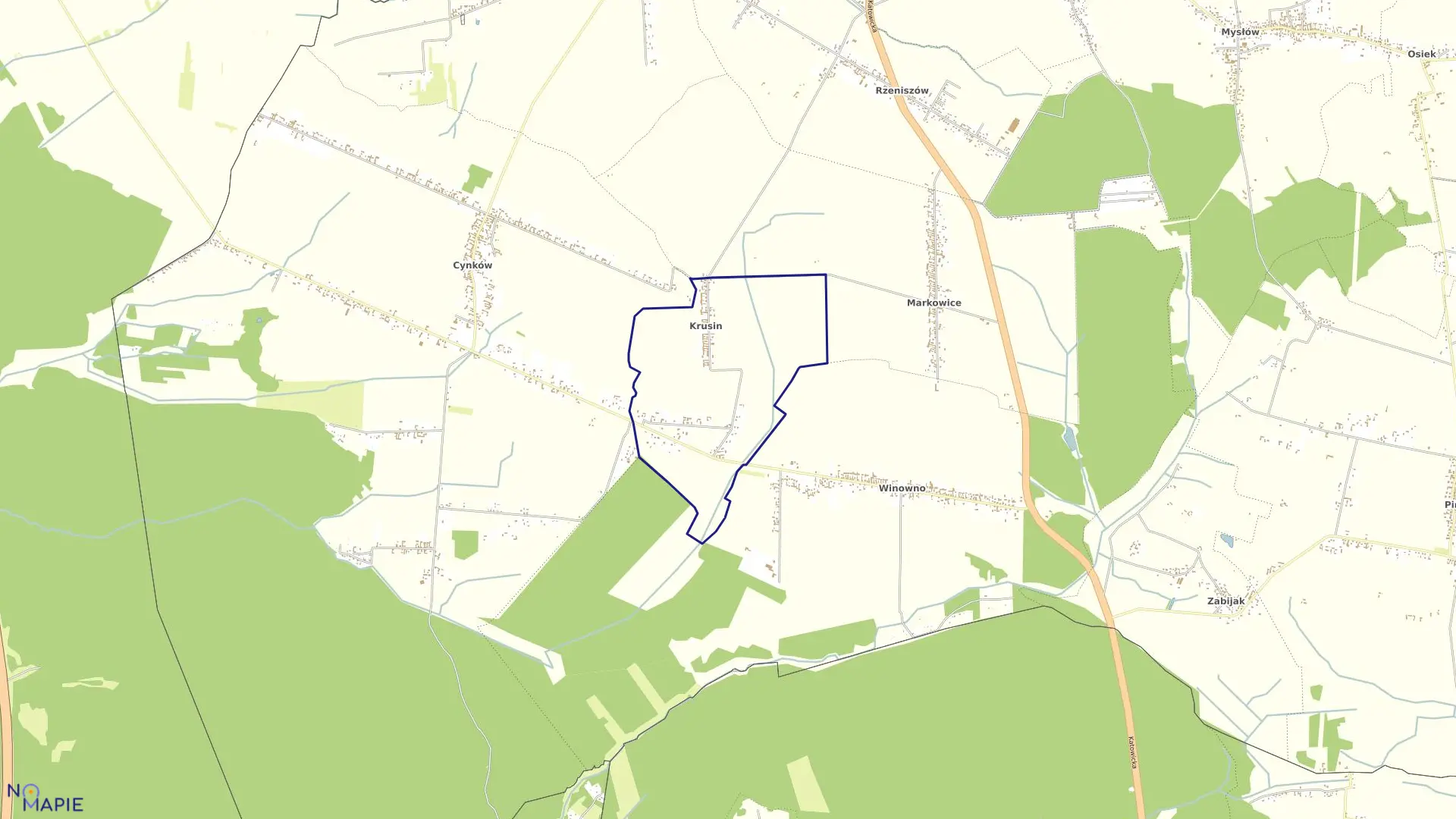 Mapa obrębu Krusin w gminie Koziegłowy