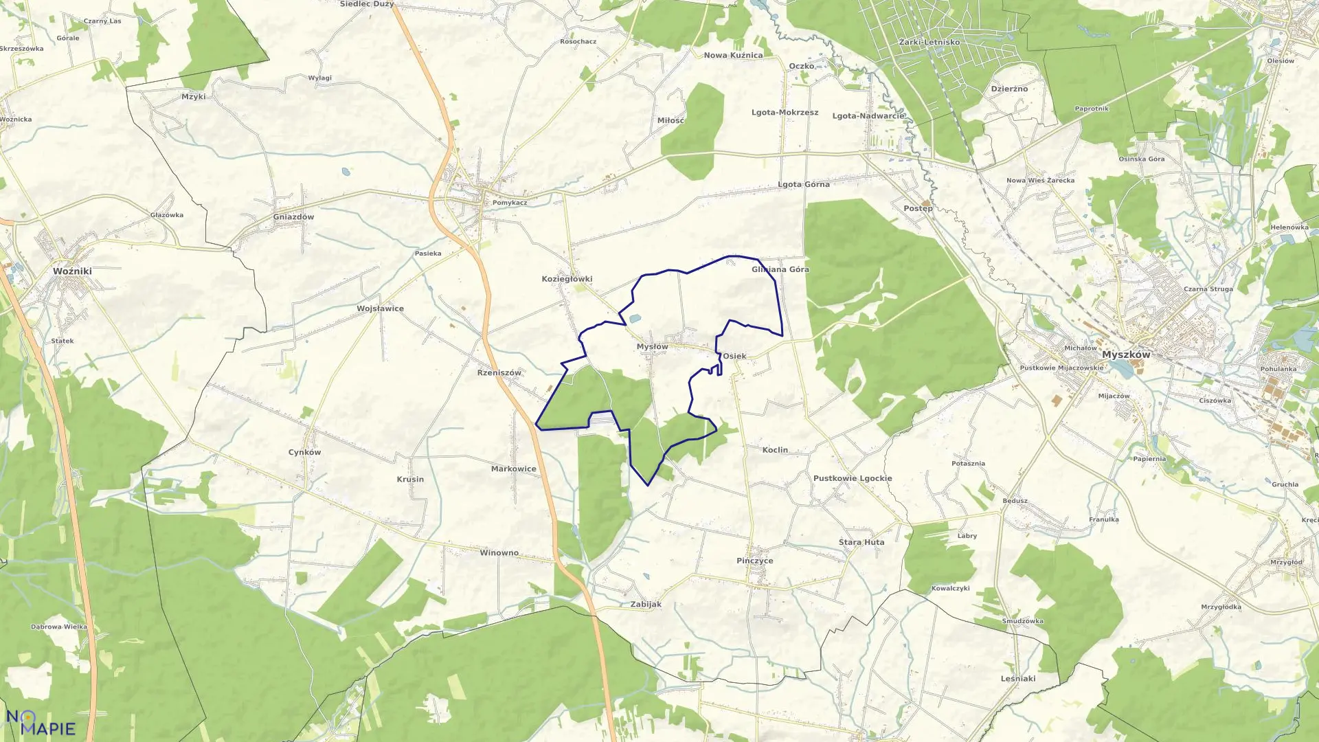 Mapa obrębu Mysłów w gminie Koziegłowy