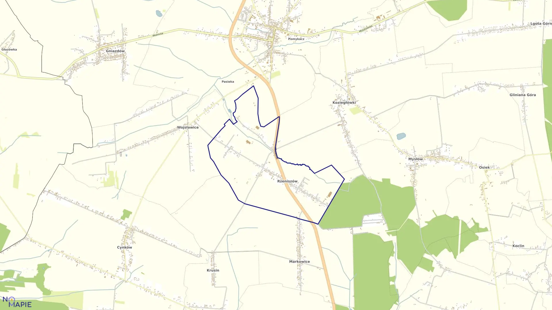 Mapa obrębu Rzeniszów w gminie Koziegłowy